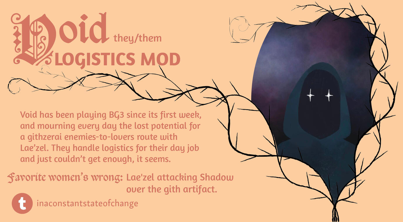 A light orange rectangle with thorned branches forming a mirror-like shape on the right side, within which is an illustration of an indiscernible figure in a gray-green cloak. The hood of the cloak is filled with darkness, with the exception of two white,