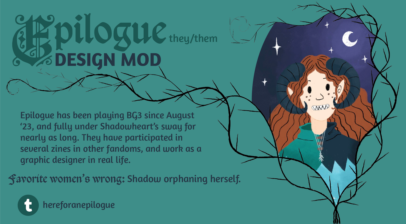 A sea-green rectangle with thorned branches forming a mirror-like shape on the right side, within which is an illustration of a person with sharp teeth, long red hair, curling black horns, and freckles. They are wearing a particolored tunic and a leaf.