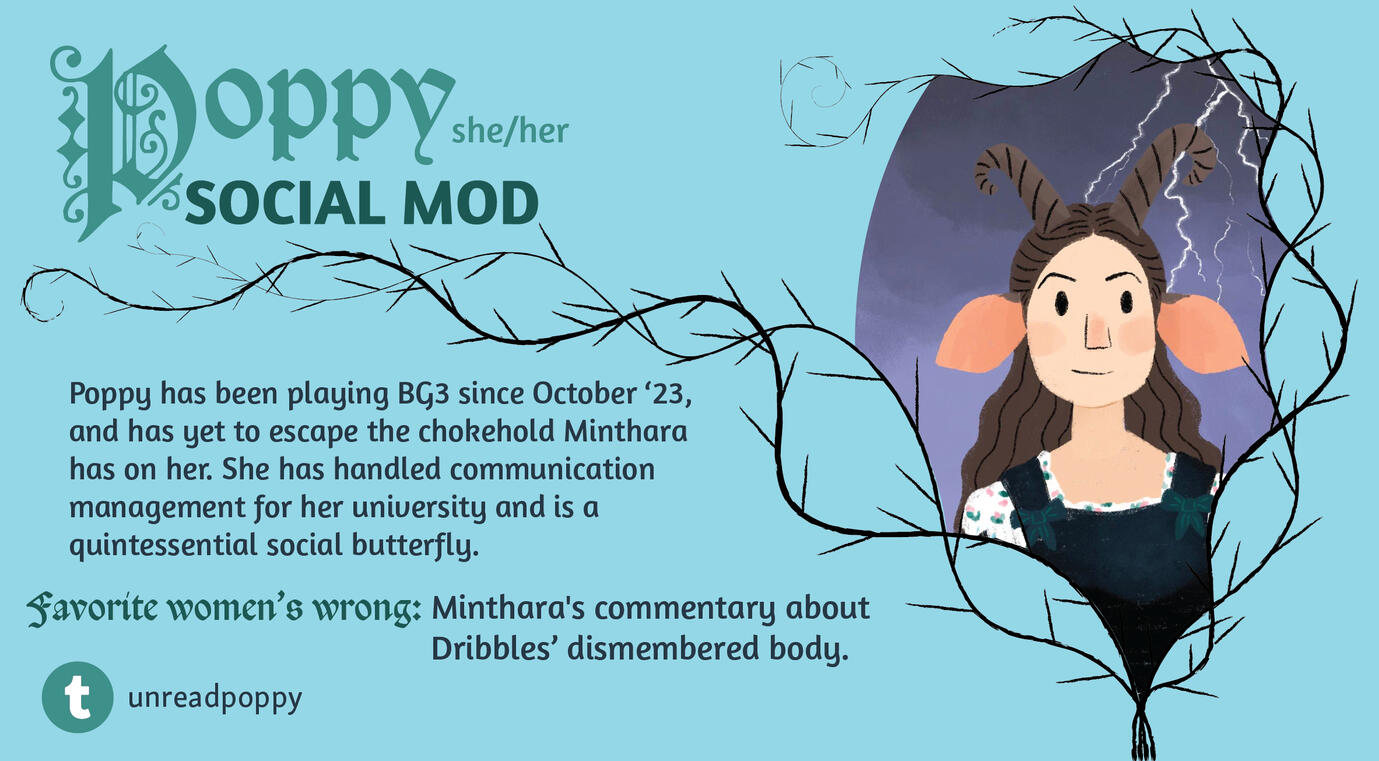 An ice blue rectangle with thorned branches forming a mirror-like shape on the right side, within which is an illustration of a person with long brown hair and curling brown horns. They are wearing a patterned shirt and overalls with green bows. Behind the