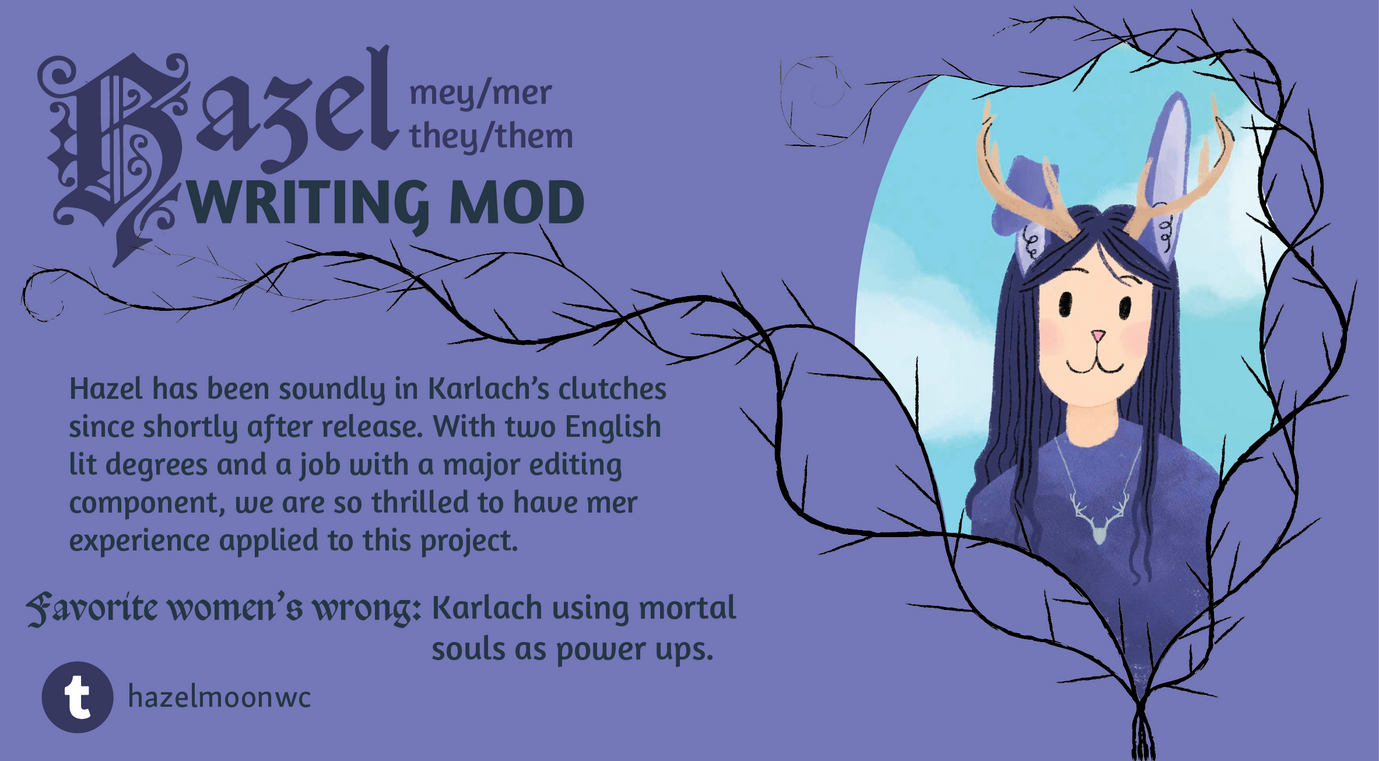 A purple rectangle with thorned branches forming a mirror-like shape on the right side, within which is an illustration of a person with long, dark-purple hair, light purple rabbit ears, and light brown antlers. They are wearing a purple shirt and a neckla